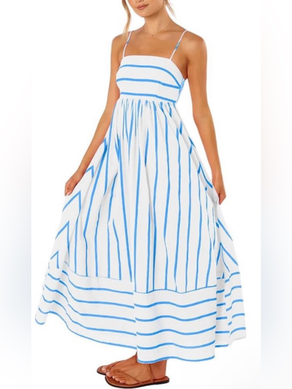 White Maxi Dress with Sky Blue Stripes and Spaghetti Straps